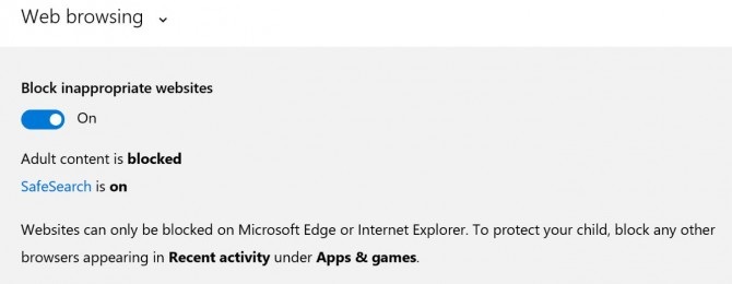 Turning on Blocking inappropriate websites dialog Windows 10