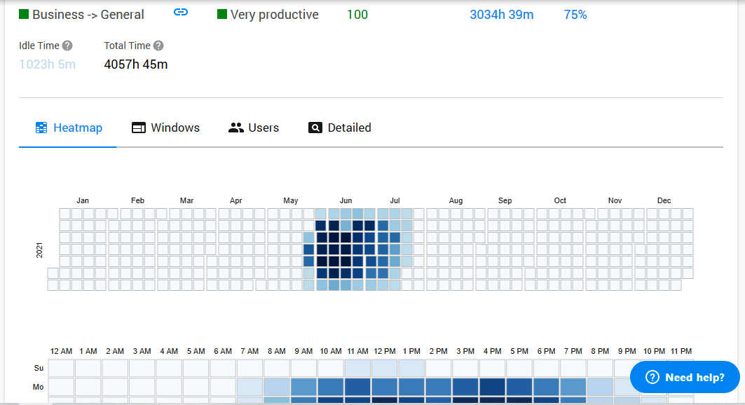 Detailed report showing daily and hourly time distribution for the program’s usage dashboard by Workexaminer Employee Monitoring Software