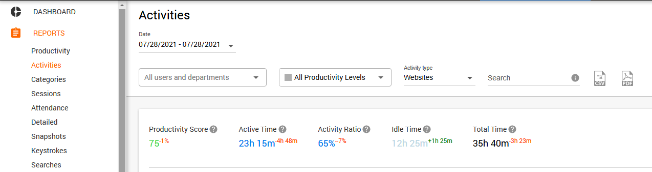 Activity tab widget with Productivity Score in Controlio dashboard